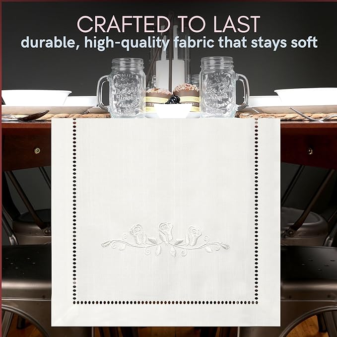 White Rose Embroidered Table Runner - Perfect for Home Decor, Elegant Dresser Scarf for Bedrooms and Dining Tables, or Rustic Farmhouse Kitchens (13 x 108 Inches Long)