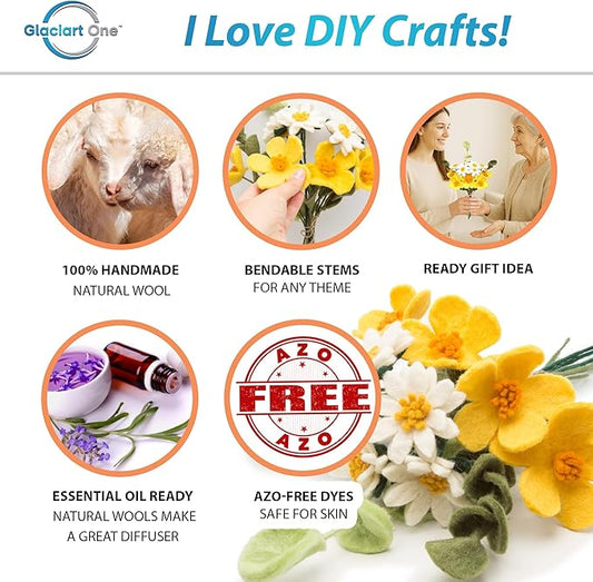 Glaciart One Felt Artificial Flowers Bouquet - 13 pcs | Reusable, Washable and Essential Oil Ready w/Bendable Wire Stem | Great as Gift and Home or Event Decorations