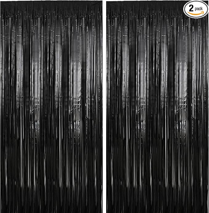 2 Pack 3.28 ft x 6.56 ft Black Tinsel Curtain Party Backdrop Decorations, Metallic Foil Fringe Backdrop Door for Halloween, Christmas, Birthday Graduation Wedding Party Streamers Photo Backdrop.