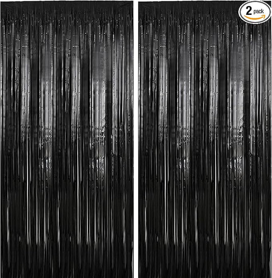 2 Pack 3.28 ft x 6.56 ft Black Tinsel Curtain Party Backdrop Decorations, Metallic Foil Fringe Backdrop Door for Halloween, Christmas, Birthday Graduation Wedding Party Streamers Photo Backdrop.