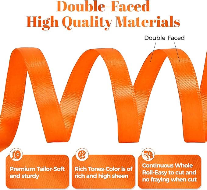 Premium Double Faced Satin Orange Ribbon, 3/8 Inch X 25 Yards, Perfect for Gift Wrapping, Crafts, Wedding Decor