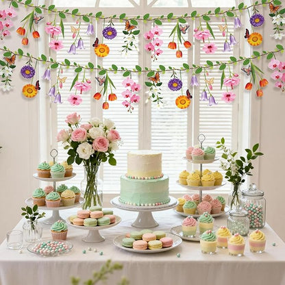 2PCS Flower Banner Reusable Wildflower Garland Floral for Spring Party Enchanted Garden Theme Picnic Wedding Baby Shower Birthday Tea Party Christmas Supplies Home Decorations