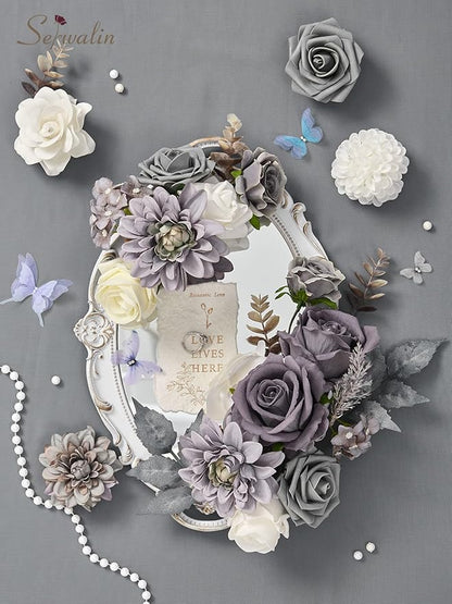 Serwalin Grey Artificial Flowers, Silk Fake Flowers for DIY Wedding Bridal Bouquets, Wedding Cake Flowers for Table Centerpieces Baby Shower Birthday Party Home Decorations