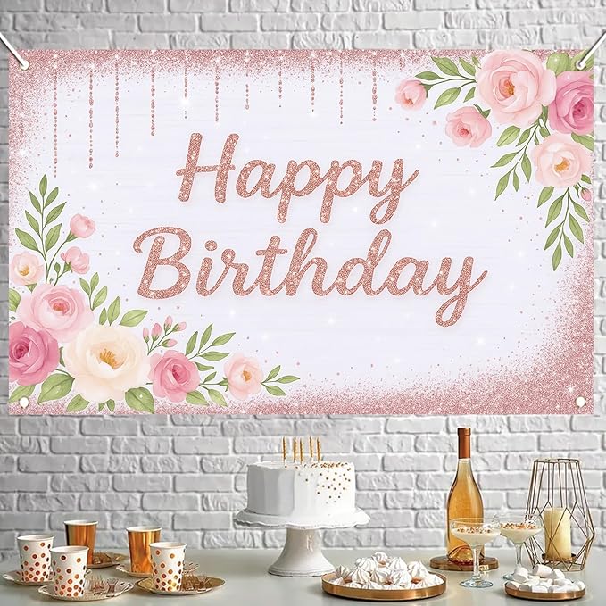 Rose Gold Birthday Backdrops Banner Floral Pink Flower Glitters Happy Birthday Photography Background for Women Girls Wedding Baby Shower Decor Party Photo Booth Supplies 6x4ft