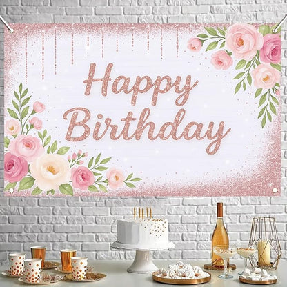 Rose Gold Birthday Backdrops Banner Floral Pink Flower Glitters Happy Birthday Photography Background for Women Girls Wedding Baby Shower Decor Party Photo Booth Supplies 6x4ft