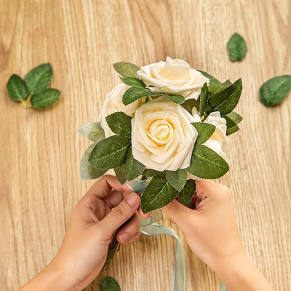 Artificial Flower Foam Rose 25pcs Real Looking Fake Rose with Stems Leaves for Home Decoration Party Garden Centerpieces DIY Wedding Bouquets（Champagne）