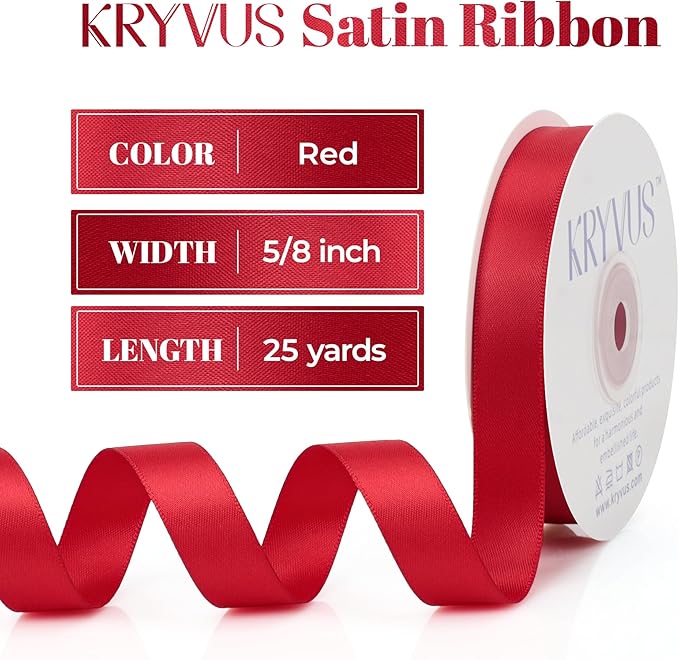 Red Satin Ribbon, Double Faced 5/8 Inch X 25 Yards Red Ribbon, Premium Satin Ribbon for Gift Wrapping, Crafts, Hair Bow Making, Sewing, Flower Bouquet, Wedding Party Decor