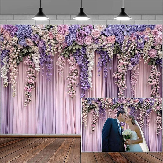 15x10ft Purple Flower Wedding Photography Backdrop Lavender Floral Wedding Bridal Photography Backdrop Anniversary Birthday Baby Shower Girl Party Banner Photo Booth Props Background Wall Decor