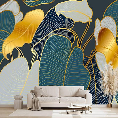 Golden Leaf Wall murals Peel and Stick Modern Wallpaper for Bedroom Living Room - 96"x137"