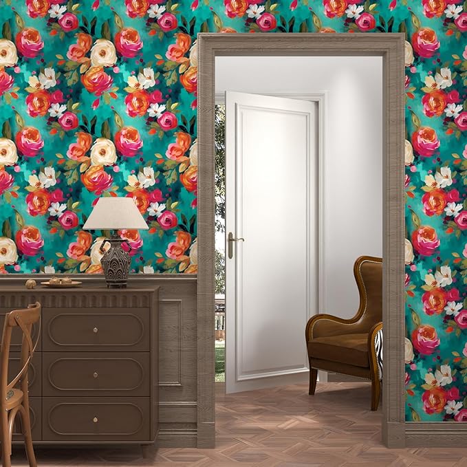 Extra Long Vibrant Wallpapers Watercolour Floral Peel and Stick Wallpaper Boho Contact Paper for Counter Cabinet Shelf Renter Friendly Oil Painting Colorful 17.5 x 393.5In
