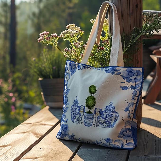 Blue and White Chinoiserie Prints Canvas Tote Bag for Women, Reusable Folding Shopping Bags with Handles