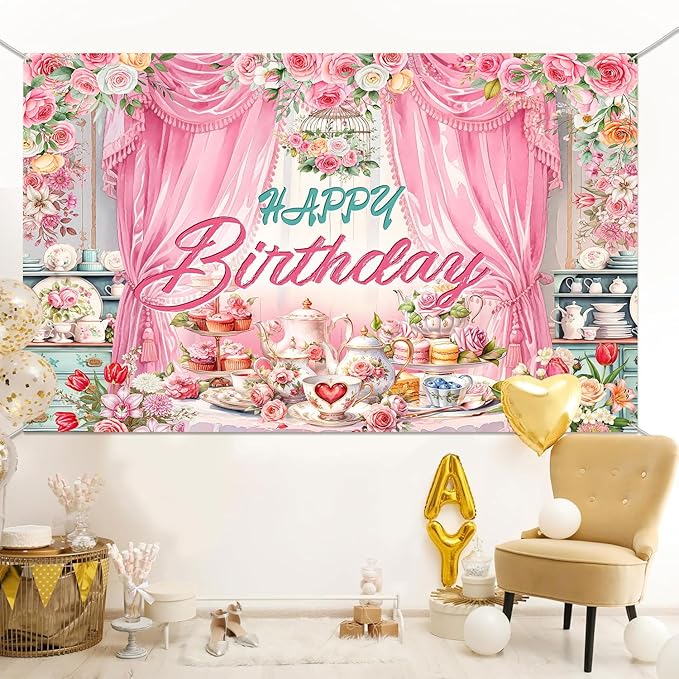 Tea Party Backdrop Let's Partea Happy Birthday Photography Background Wonderland Pink Rose Floral Teapot Women Tea Party Decor Banner Portrait Photo Booth Studio Props 9x6ft FU084YL