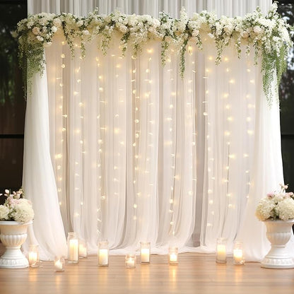 20x10ft White Tulle Backdrop Curtain with Lights String for Parites, Sheer Backdrop Curtains for Wedding Baby Shower Birthday Party Photo Shoot Decorations