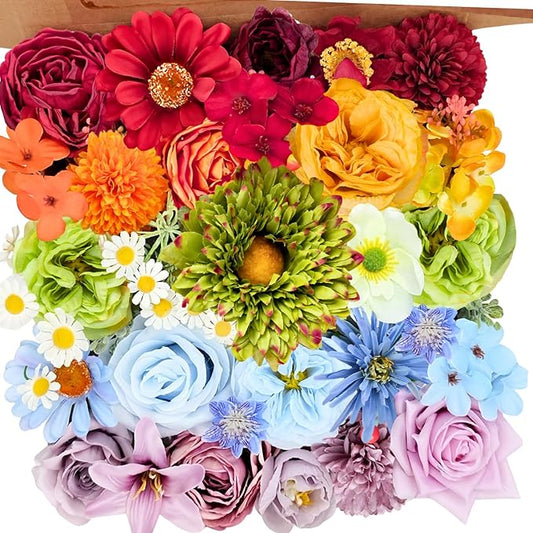 ASTRYAS 38Pcs Colorful Artificial Flowers Combo Box, Fake Silk Rainbow Flowers Faux Floral Arrangement for Christmas DIY Wedding Bridal Bouquets Baby Showers Table Centerpieces Home Decoration