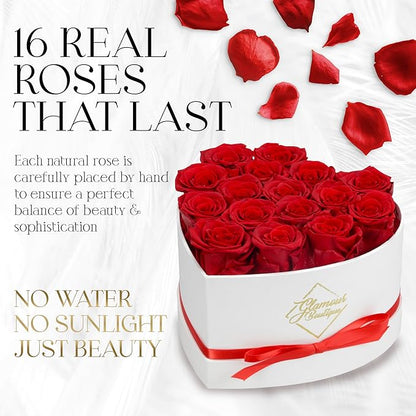GLAMOUR BOUTIQUE Preserved Roses in a Box - Gifts for Her, Wife & Mom, Rose Flowers Forever Decor for Birthday Gift, Get Well Flower Bouquet Cased in White Box with Cover - Red - 16-Piece