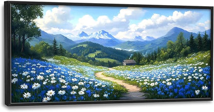 Mountain Large Wall Art Framed Wall Decor for Living Room Countryside Wildflowers Pictures Oversized Canvas Print Painting Modern Extra Large Framed Artwork for Bedroom Office 60"x30"