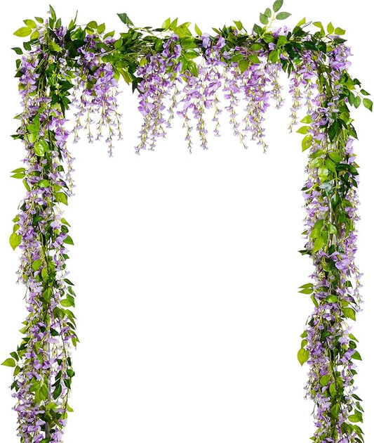 Lvydec Wisteria Artificial Flowers Garland, 4 Pcs Total 28.8ft Artificial Wisteria Vine Silk Hanging Flower for Home Garden Outdoor Ceremony Wedding Arch Floral Decor (Light Purple)