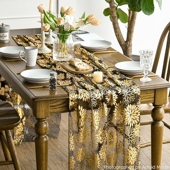 Artoid Mode Black Gold Dahlia Flower Gauze Table Runner 120 Inch 10FT, Glitter Metallic Foil Seasonal Sheer Dining Holiday Table Decor for Home Party