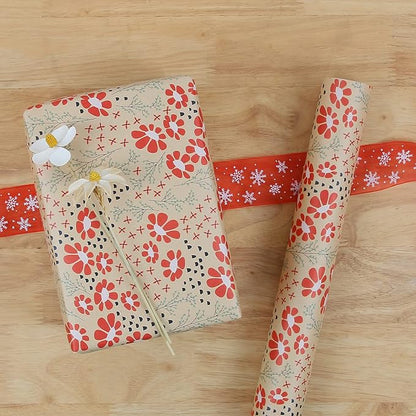 Aimyoo Kraft Floral Wrapping Paper Jumbo Roll, All Occasion Flower Gift Wrap Paper for Wedding Bridal Shower Birthday, 17 in x 60 ft
