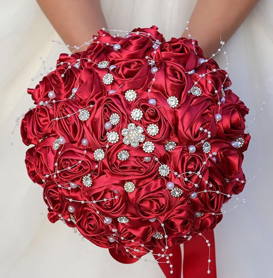 Bridal Wedding Bouquet Round Bling Brooch Bouquet Throw Toss Artificial Rose Flower Bunch for Bride Bridesmaid Wedding Quinceanera(Ruby Red, 7.5")