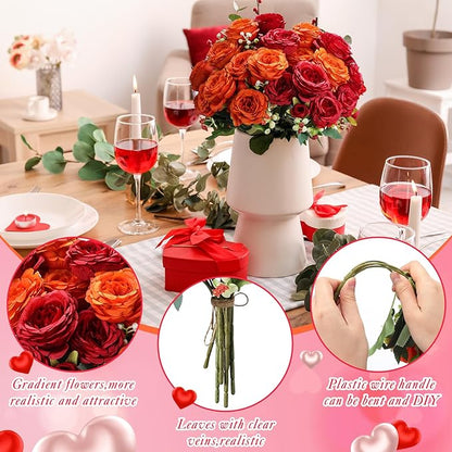 Geosar 8 Bundles Artificial Peonies Flowers Fake Silk Peony Bouquet Faux Peonies Flowers Bulk for Decoration Vase Floral Arrangements Wedding Party Table (Orange,Deep Red)