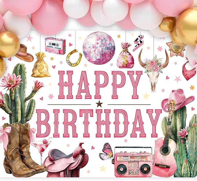 SVBright Western Cowgirl Happy Birthday Backdrop 7Wx5H Wild West Retro Brown Pink Cactus Floral Boots Hat Disco Rustic Butterfly Country Decorations Photography Background Banner Photo Booth Studio
