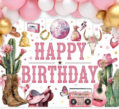 SVBright Western Cowgirl Happy Birthday Backdrop 7Wx5H Wild West Retro Brown Pink Cactus Floral Boots Hat Disco Rustic Butterfly Country Decorations Photography Background Banner Photo Booth Studio