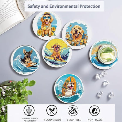 Coaster for Drinks Set of 6, Cute Dog Surfing Absorbing Round Ceramic Stone Coaster with Cork Base,Tabletop Protection Mat for Mugs and Cups,Coffee Table Wine Glass Home Bar 4 Inch