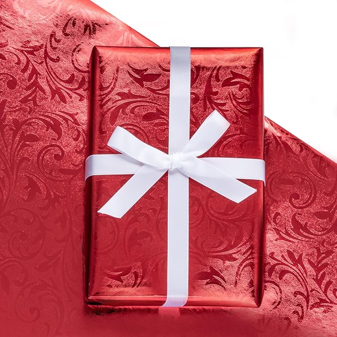 LeZakaa 3D Embossed Floral Foil Gift Wrapping Paper, Vintage Flower Metallic Foil for Birthday Christmas Party Holiday Gift Wrap, for DIY Crafts Scrapbook, Mini Roll 17 inch x 32.8 Ft(Red)