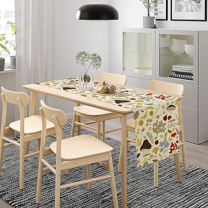 Mushroom Wildflower Table Runner Colorful Cartoon Style Cute Plants Dinner Runner for Farmhouse Cabin Home Kitchen Dining Holiday Party Decor 13x90in