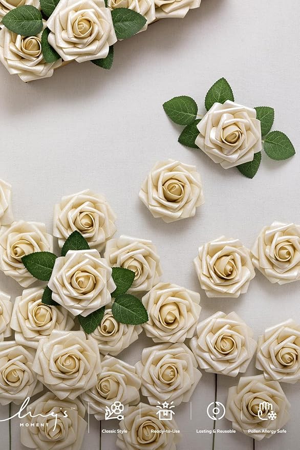 Ling's moment Artificial Flowers 25Pcs Champagne Gold Roses Decor w/Stems, 3" Real Touch DIY Foam Floral for Wedding Bouquet/Centerpieces, Outdoors Party Backdrop, Room/Table, Christmas Decor