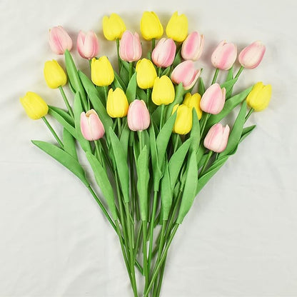 24pcs Artificial Tulips Flowers Fake Faux Tulip Bouquet Real Touch Flower Arrangement for Home Decoration Excellent Gift Idea for Mothers Day (Pink and Yellow)
