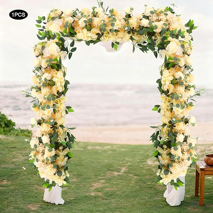 TFCFL Artificial Flowers Row, 39.5" X 12" Wedding Arch Faux Floral Swags, 3D Flower Panels Arrangement, DIY Wall Backdrop for Wedding Party Table Runner Decoration (Champagne)