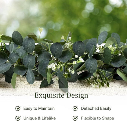 4Pcs Eucalyptus Garland, 6FT Green Flower Garland Decor, Artificial Faux Eucalyptus Leaves Greenery Vines for Table Runner Wedding Bedroom Mantle Centerpieces Backdrop Decorations
