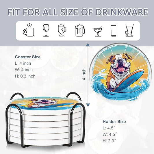 Coaster for Drinks Set of 6, Cute Dog Surfing Absorbing Round Ceramic Stone Coaster with Cork Base,Tabletop Protection Mat for Mugs and Cups,Coffee Table Wine Glass Home Bar 4 Inch
