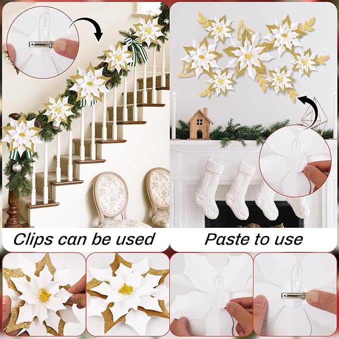 15PCS Poinsettia Flowers Artificial Christmas Decorations White Gold Poinsettia Large Flowers for Wall Christmas Tree Ornaments Glitter Poinsettias Flower Wreath Garland Window Door Xmas Tree Decor