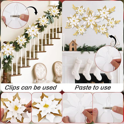 15PCS Poinsettia Flowers Artificial Christmas Decorations White Gold Poinsettia Large Flowers for Wall Christmas Tree Ornaments Glitter Poinsettias Flower Wreath Garland Window Door Xmas Tree Decor