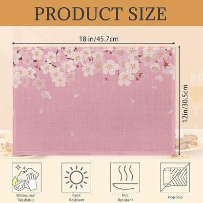 Japanese Cherry Blossom Placemats Set of 6 Washable Table Mats for Kitchen Dining Table,Heat-Resistant Pink Flowers Place Mats for Indoor Outdoor Party Holiday Decoration