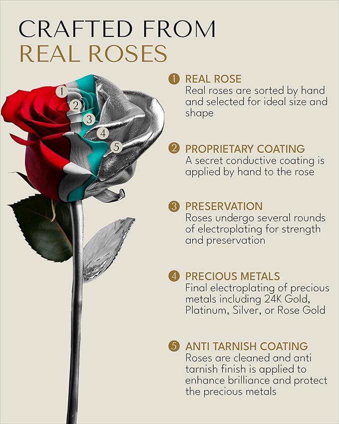 Forever Rose Real Rose Dipped in Platinum, Handcrafted Preserved Rose in Clear Glass Bud Vase and Luxury Gold Gift Box, Romantic Gift for Her, Elegant Keepsake for Anniversary, Birthday, Any Occasion