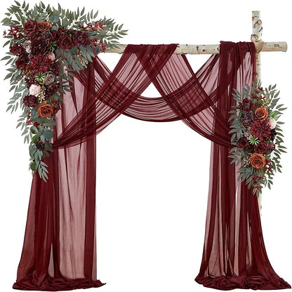 Wedding Arch Flowers with Drapes Kit (Pack of 4) - 2pcs Artificial Burgundy Deluxe Swag with 2pcs Sheer Drapes for Wedding Ceremony Arbor Reception Backdrop Rose Floral Decoration