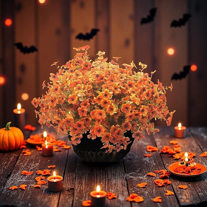 Artificial Fall Flowers Fake mums for Outdoors - UV Resistant & Fade-Resistant Fake Flowers, 10 Bundles Orange Yellow Waterproof Faux Flowers for Garden, Yard, Patio, Wedding & Fall Decor