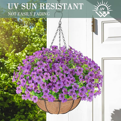 Artificial Flowers Hanging Plants in Basket,Artificial Hanging Flowers for Outdoor Indoor Decor,UV Resistant Hanging Baskets with Fake Flowers for Patio Garden Porch Deck Decoration