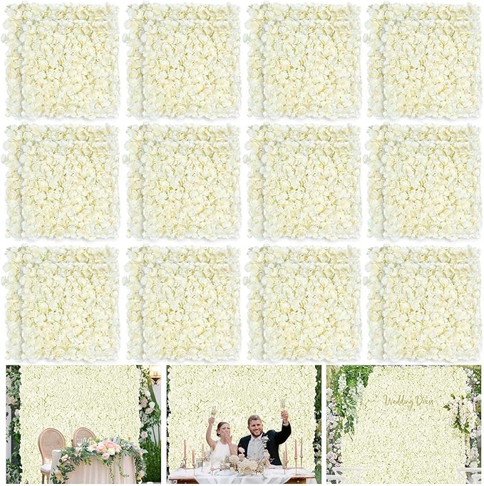 Ivory Backdrop Flowers Wall Panels: 24 Pcs 15 x 15 Inch Floral Backdrop Artificial Flower Wall Decor for Baby Shower Wedding Photo Background Decoration (5ft by 7.5ft)