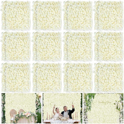 Ivory Backdrop Flowers Wall Panels: 24 Pcs 15 x 15 Inch Floral Backdrop Artificial Flower Wall Decor for Baby Shower Wedding Photo Background Decoration (5ft by 7.5ft)