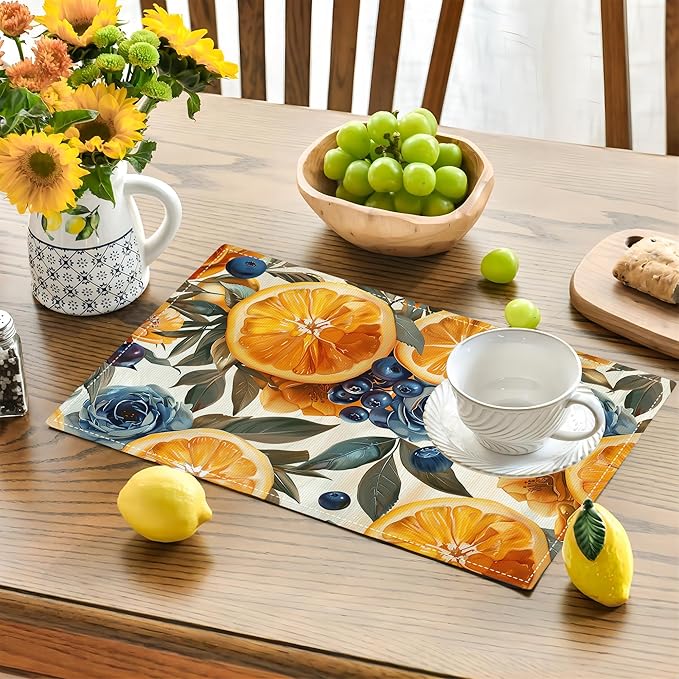 Orange Placemats Set of 4 Fruit Blueberry Rose Leaf Table Mats Washable Place Mats for Home Party Indoor Kitchen Dining Table Decoration 12x18 Inch