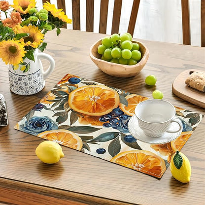 Orange Placemats Set of 4 Fruit Blueberry Rose Leaf Table Mats Washable Place Mats for Home Party Indoor Kitchen Dining Table Decoration 12x18 Inch