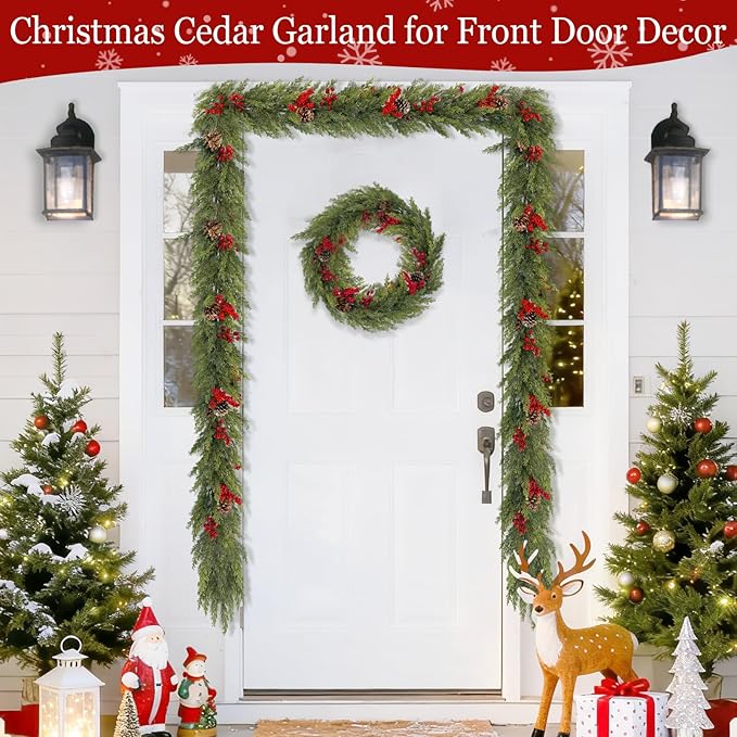 6 Ft Christmas Garland - Real Touch Cedar Garland with Red Berry Clusters Pinecones by 90 Cedar Branches, Realistic Greenery Faux,Christmas Garlands for Mantle Fireplace Table Centerpiece Decor