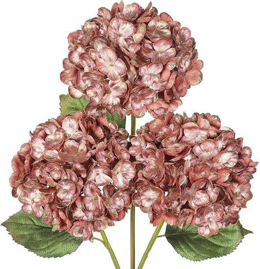 Hollyone 3Pcs Christmas Flowers Artificial Hydrangea Flowers with Stems 23inch Glitter Fake Hydrangea Flower Pink Floral Arrangements Bouquets Xmas Faux Hydrangea Wedding Christmas Tree Home Decor
