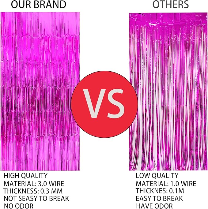 Keyali 4 Pack 3.3 * 8.3 ft Foil Curtain Metallic Tinsel Fringe Curtains Photo Booth Props Backdrop for Birthday Wedding Engagement Baby Shower Christmas Holiday Celebration Partyl,Hot Pink