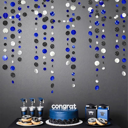 46Ft Navy Blue Black Silver Circle Dots Garland Royal Blue Black Polka Dots Streamer for Birthday Graduations Wedding Bridal Baby Shower Nautical Ahoy Achor Pirate Theme Party Decorations Supplies